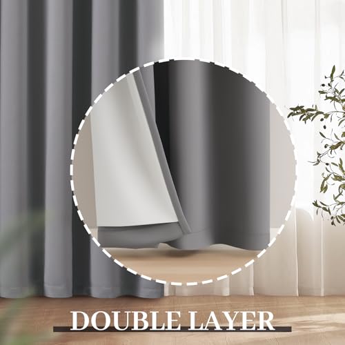 Yakamok Grey Room Darkening 100% Blackout Curtains Grommet Window Treatments with 2 Thick Layers-Gray Thermal Insulated Drapes Set of 2 Panels for Bedroom Living Room 52 Inches by 96 Inches Length