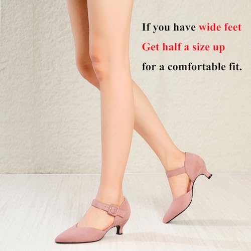 Image of RIBONGZ Comfortable Kitten Heels for Women Pointed Closed Toe Ankle Strap Buckle Heels Slip on Low Heel Church Pumps Wedding Bridal Party Dressy Shoes