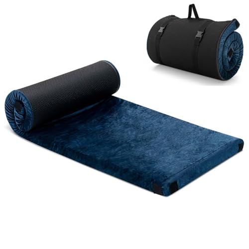 SPOTRAVEL Memory Foam Camping Mattress, Portable Roll Up Sleeping Mat Floor Mattress with Waterproof Cover, Non-Slip Bottom & Carrying Bag, Outdoor Foldable Guest Travel Cot for Car Tent Dorm
