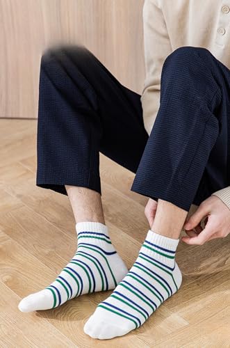 5 Pairs of Men's Ankle Socks, Summer Thin Breathable Cotton Socks, Trendy Striped Sports Socks, White & Blue3