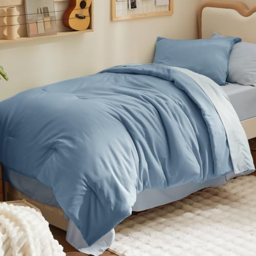 Image of Bedsure Twin XL Comforter Set for College Dorm- Extra Long 5 Pieces Grayish Blue Twin XL Bedding Set for All Seasons, Boho Contrasting Design Bed in a Bag with Comforter, Sheets, Pillowcase & Sham