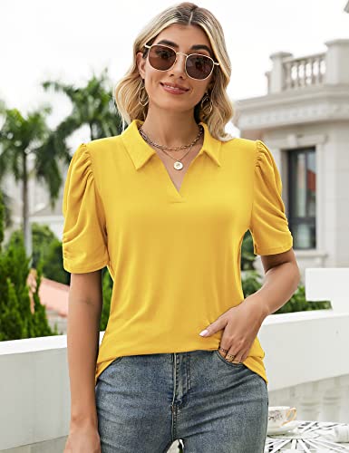 Lomon Womens Short Sleeve Polo Shirts Collared Work Shirts Puff Sleeve Tunic Tops Yellow Xxl #TOP1