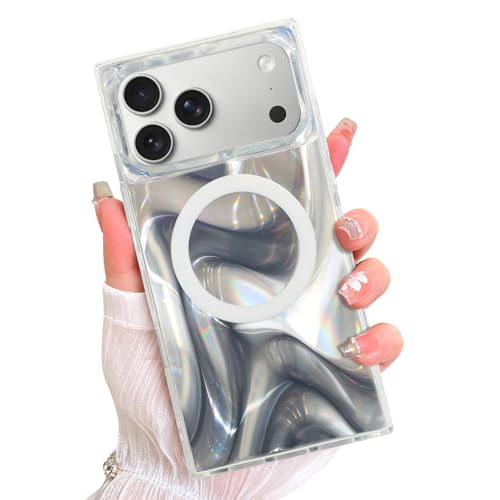 AIGOMARA Magnetic Rectangle for iPhone 17 Pro Case, Silver Wave Ripples