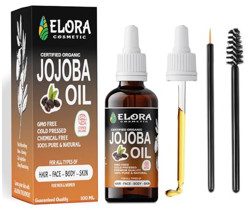 Organic Jojoba Oil 100 ML for Skin - 100% Vegan & Pure Jojoba Oil Organic Cold Pressed Unrefined - Jojoba Carrier Oil for Hair Growth, Ear Stretch, Nails, Makeup Remover & Facial Moisturizer, Body massage, Make skin soften and younger