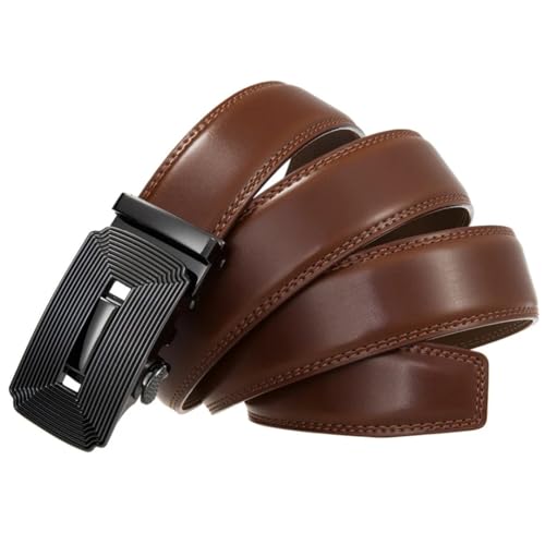Men's Automatic Buckle Genuine Leather Belt, 3.5Cm Solid Color Formal Belt Tan Brown 110cm3