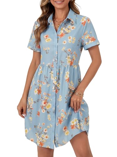 Image of Rooscier Women's Striped Shirt Dress Button Down Collared Short Sleeve Mini Dress