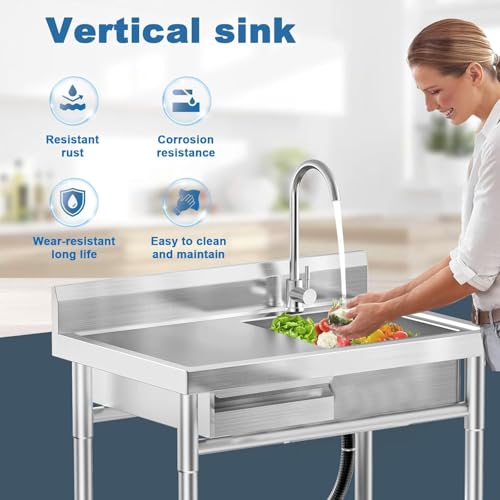 Image of 40 Inch Stainless Steel Utility Sink,Free Standing, Equipped With Hot and Cold Water Pipes, Workbench Drawers for Storage,Suitable for Kitchen, Bathroom, Farmhouse, and Outdoor Sinks.