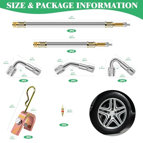 Image of 15pcs Valve Stem Extension with Tire Valve Stem Cores Kit, 45 90 135 Degree Brass Valve Stem Extender and 7 inch 12 inch Stainless Steel Braided Stem Extension Adaptors for Most Cars Truck