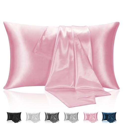 Hotella 2 fundas de almohada de microfibra de satén sedoso para cabello y piel, lavables a máquina, fundas protectoras de almohada refrescantes, fundas de almohada de cama de hotel con cierre de