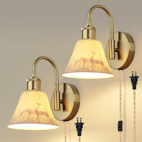 ZORYATA Vintage Ceramic Plug-in Wall Sconces Set of Two, Gold Embossed Wall Sconce Lights with Cord and Switch, Antique Plug in Wall Lamp Fixture for Bedroom Bedside Living Room