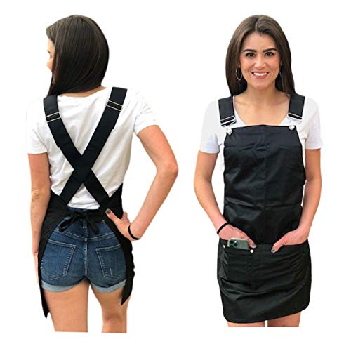 Cross Back Apron with Pockets-Black Bartender Apron Men and Women  Cooking Apron For Women with Pockets  Server Apron with 3 Pockets  Barista Apron for Bakers Florists Hair Stylists