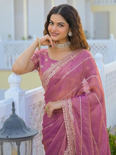 Image of Satrani Women's Shimmer Chiffon Scalloped Border Sequins Embroidery Saree with Unstitched Blouse Piece