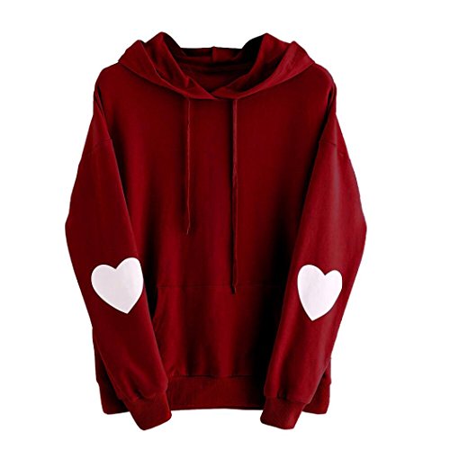IEason,Womens Long Sleeve Heart Hoodie Sweatshirt Jumper Hooded Pullover Tops Blouse (M, Wine)