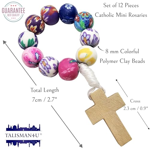 TALISMAN4U Dozen 12 pcs Multi Color Polymer Clay Beads Catholic Finger Rosary Ring with Cross Holy Land Religious Gift2