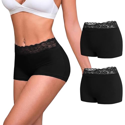 Uniexcosm Boxershorts Damen Baumwolle (2er-5er Pack) Unterhosen Damen Bequeme mit Spitzen Weich Atmungsaktive Unterwäsche für Frauen 2 Pack Schwarz S