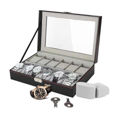 LKH Watch Box 12 Slot - Premium Watch Storage Case with Metal Clasp Lock & 2 Keys, Faux Leather With Removable Pillows Watch Organizer for Men & Women, Display Case with Glass Lid & Pillows