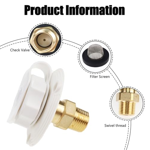 Image of RV City Water Inlet with Check Valve, Lead-free Brass 3 /4 NH Female to 1 /2 NPT Male Thread Fresh Water Inlet Flange Hose Connection Fitting for Camper Trailer Motorhome Caravan Marine (White)