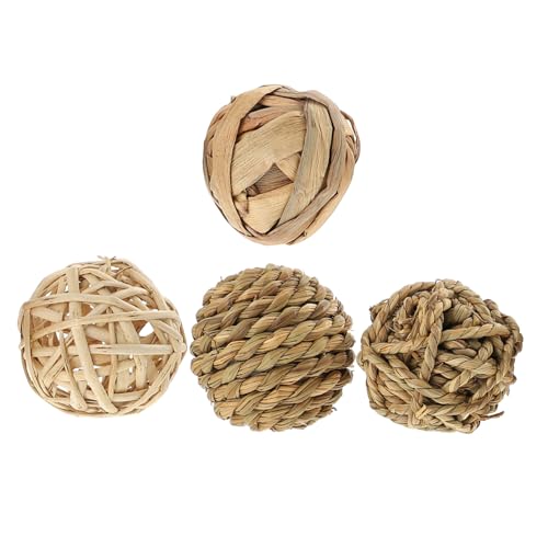 BAZEITFLOW 4 Stück-Pack Kauspielzeug Strohball Gepresster Rattanball für Kleintiere Hamster und Kaninchen Natürlicher Spielball gegen Langeweile Zahnpflege Strohbälle für Nagetiere