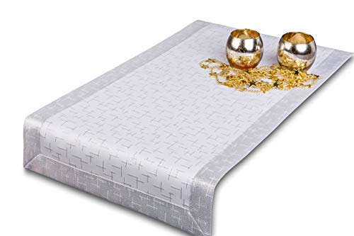 GOLDMAR Tischläufer Ganze Jahr - Polyester Lamatex Schmutzabweisend Pflegeleicht Elegante Festlich - Tischdeko Tisch Deko Familientreffen Sonntagsessen Geburtstag (Silber-muster-09, 35x140 cm) Cover
