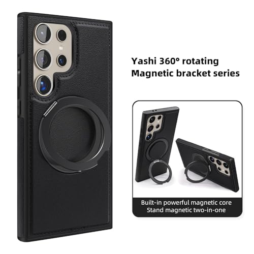 Image of Bumper Case with Kickstand for Samsung Galaxy S-Series Ultra Case Compatible with Wireless Charging | Luxury Aluminum Armor (Ring Leather-Black, Samsung Galaxy S25 Ultra)