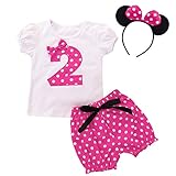 Kleinkinder Mädchen 2 Jahre Zweiter Geburtstag Party Minnie Kostüm Outfit Retro Gepunktet Sommer Kuzrarm Top T Shirt + Shorts Kurze Hosen + Ohr Stirnband 3tlg Bekleidungsset Rose 2. Geburtstag 18-24M