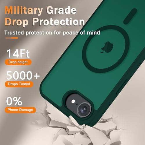 Image of YENAPOON for iPhone 17e Case, iPhone 16e Case, Matte Magnetic Phone Cover [with 1 Screen Protector] [Support for MagSafe] [Shockproof Military Grade Protection] Translucent Frosted Back, Dark Green