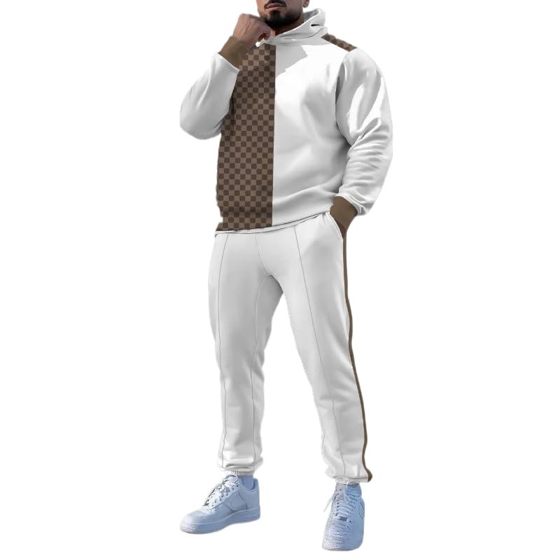 Men's printed spliced long sleeved hooded sweatshirt and pants two-piece casual street fashion jogging set