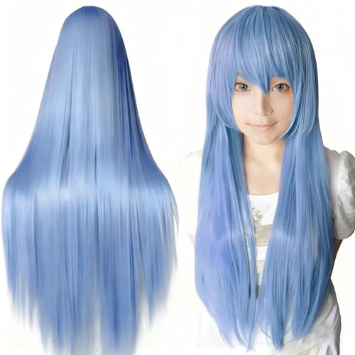IMISSU 80cm Long Straight Natural Hair Cosplay Wigs with Bangs Colorful Halloween Costume Party Wig (Elf Blue)