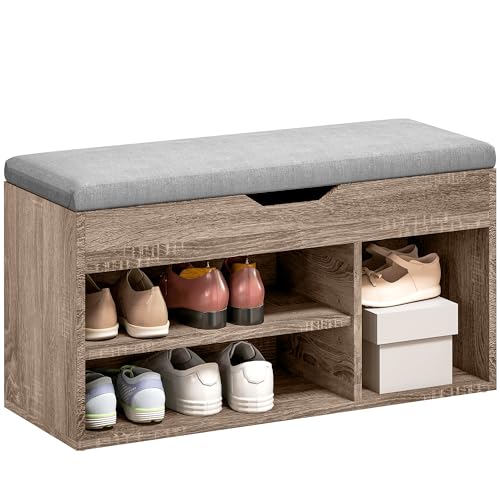 HOMCOM Shoes Cabinet Bench Hidden Storage Padded Seat Organiser Footwear Rack Hallway Grey Wood Grain