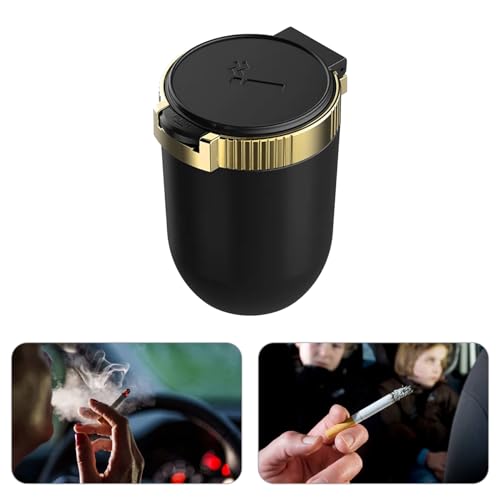 Image of Car Ashtray with lid Smell Proof, Smoke-free portable mini car trash can with LED Blue Light,Removable Stainless Steel Car Cup Holder Universal Car Interior Accessories(Gold), QBOONPT-YHG01