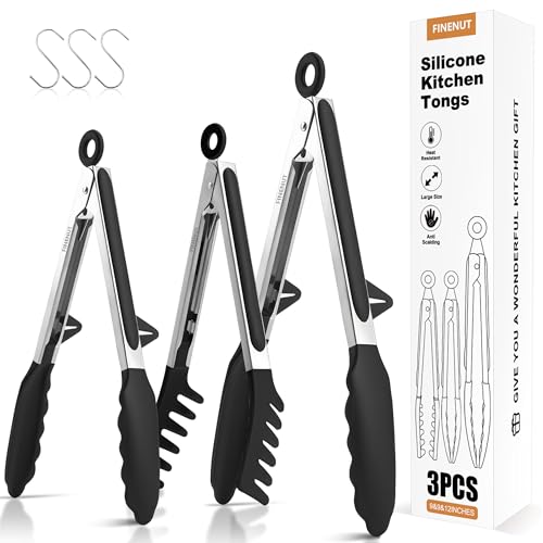 FINENUT Stainless Steel&Silicone Food Tongs Set of 3 (9+9+12 Inch)