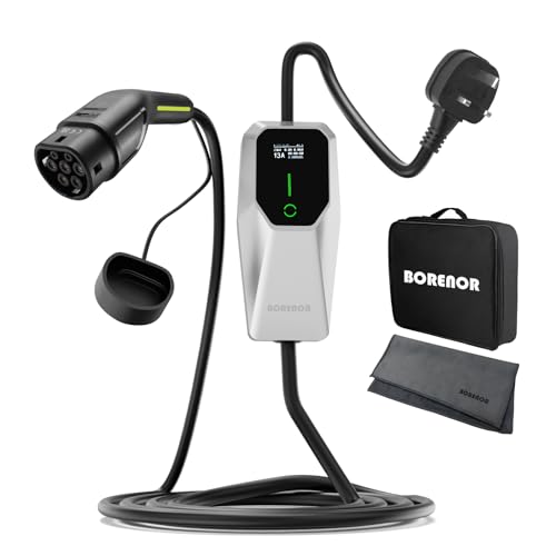 BORENOR ev charger type 2 to 3 pin plug 2.8kw, Adjustable Current EV Charger, Portable Type 2 Charging Cable, EV Charger Cable, Home Electric Car Charger Cable Type 2, 6M Single-phase Charge