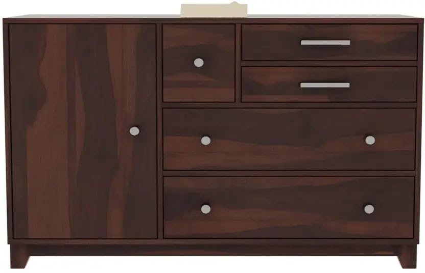 Image of Solid Sheesham Wood Sideboard Cabinet Storage with 2 Door & 4 Drawer Wooden Storage Organizer Cabinet for Home Kitchen Living Room Bedroom Hallway Dinning | Walnut Finish | Pre-Assembled
