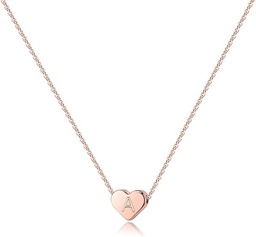 Turandoss - Collares delicados con inicial para niñas y adolescentes, con dije en forma de corazón pequeño chapado en oro rosa de 14 quilates,