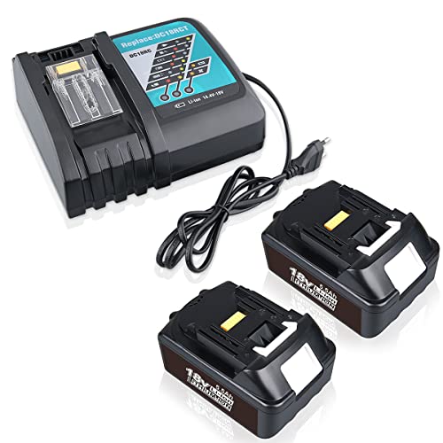 2Stück 5,5Ah 18V Li-Ion professionell Ersatzakku BL1850 für Makita akku 18V mit Ladegerät DC18RC 3A mit Ladeanzeige für Makita Akku 14,4V-18V (EU Stecker) Cover