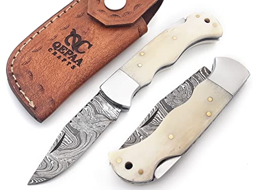 QEPAA CRAFTS 6.5" Handmade Damascus Pocket Knife-Pocket Knives for Men Hunting Knife with Sheath for Outdoor, Camping,Fishing, Hiking-Gift for Him,EDC (Bone)