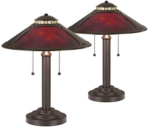 Robert Louis Tiffany Mica Collection Mission Tiffany Style Desk Table Lamps 18 1/2" High Set of 2 Art Deco Rustic Rubbed Bronze Natural Mica Shade for Bedroom House Bedside Nightstand Home Office