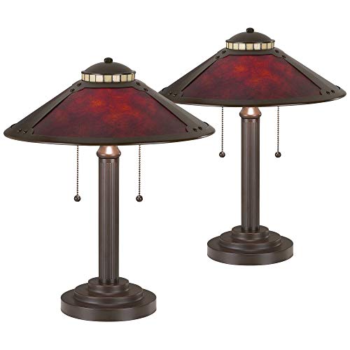 Robert Louis Tiffany Mica Collection Mission Tiffany Style Desk Table Lamps 18 1/2" High Set Of 2 Art Deco Rustic Rubbed Bronze Natural Mica Shade For Bedroom House Bedside Nightstand Home Office #TOP11