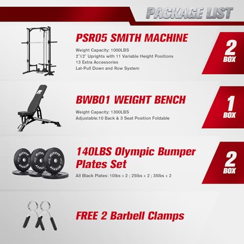 Image of RitFit Smith Machine Power Rack with LAT-Pull Down System, Landmine, Barbell Bar, Plate Storage Pegs and More Training Attachment
