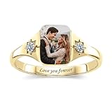 BAUMA AUTO Personalized Photo Ring Couple Picture Ring with Birthstone Custom Promise Rings Anniversary Jewelry Gift for Women Her (A-Gold)