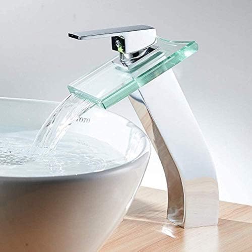 Robinet cascade pour lavabo avec commande unique et bec en verre poli