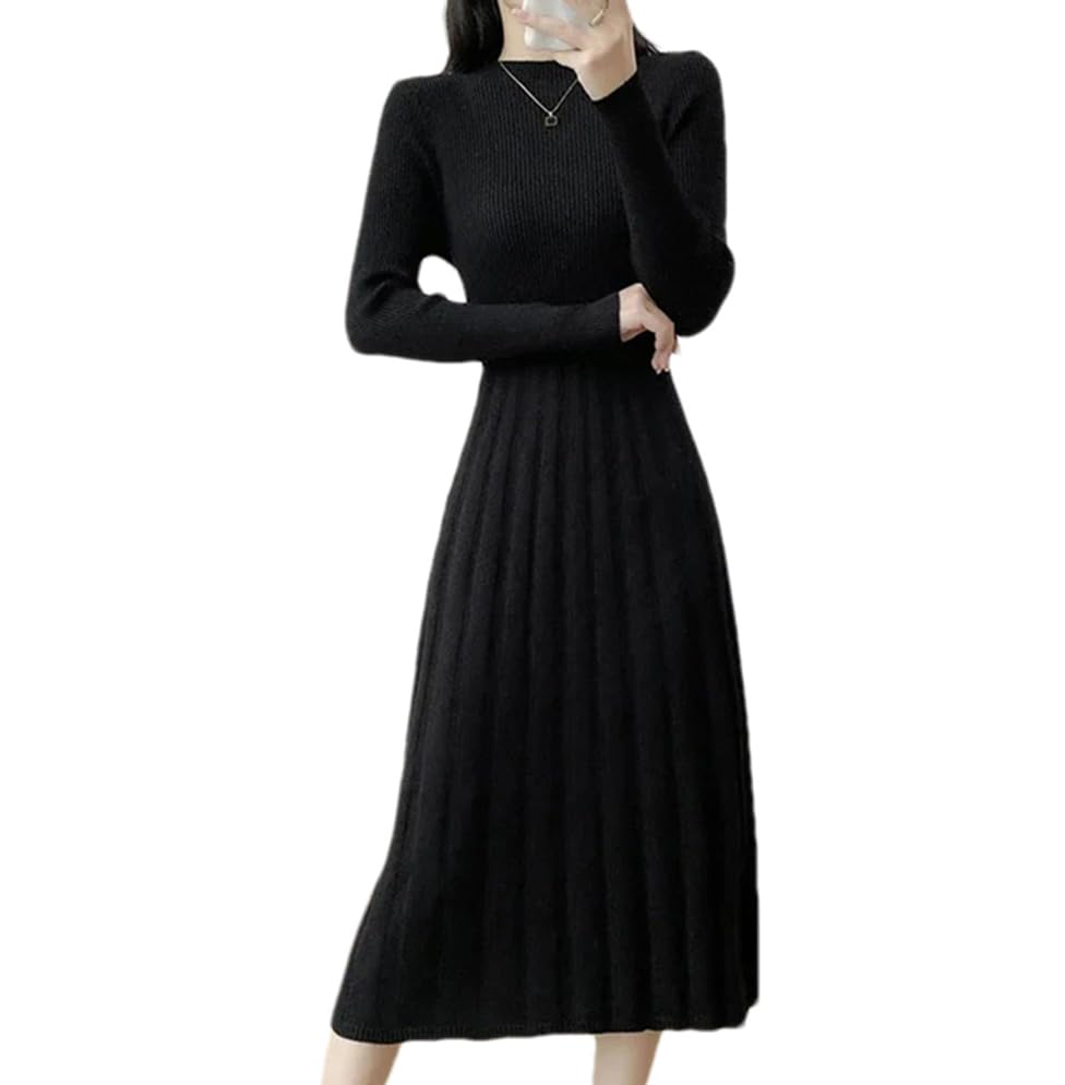 Dninmim Robe pull mi-longue à col roulé pour femme - Automne et hiver - Polyvalente - Coupe ajustée - Robe décontractée