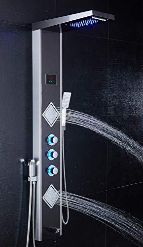 Ello&Allo Led Shower Panel Tower System,Rainfall Waterfall Shower Faucet Fixtures Bathroom Rain Massage System With Body Jets Brushed Nickel And Black #TOP2