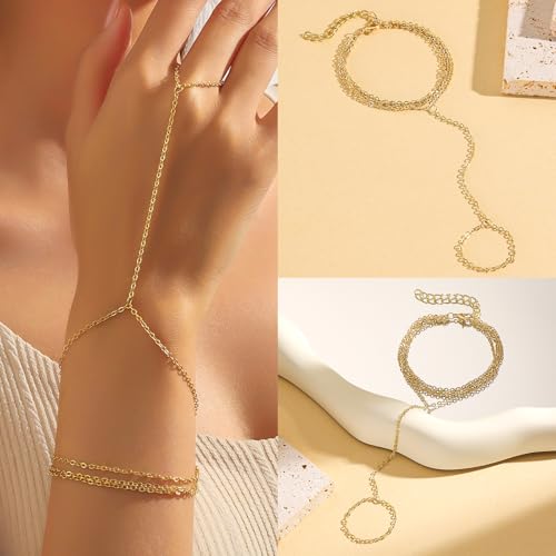 6 Pieces Gold Finger Ring Bracelet for Women Trendy 14k Gold Plated Womens Adjustable Cute Rings Hand Chain Link Bracelets Set for Women Jewelry Gifts Daily Accessories on Summer Beach 6