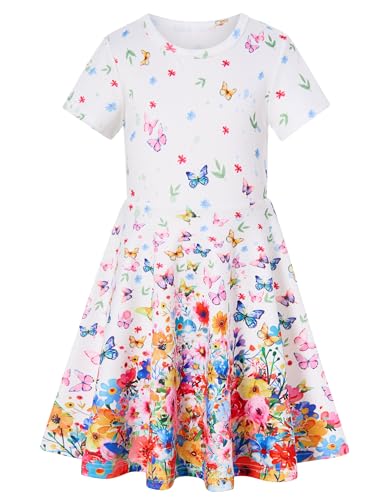 ALISISTER Butterflies Dress for Girls Size 7 Little Kids Short Sleeve Casual Flowers Floral Dress Birthday Clothes Summer Twirly Sundress 6 Years Old