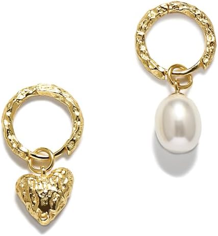 Pearl Hoop Earrings for Women | Unique Mismatched Gold and Silver Plated Pearl and Heart Dangle Earrings | Statement Hammered Gold Huggie Y2k Aesthetic Earrings