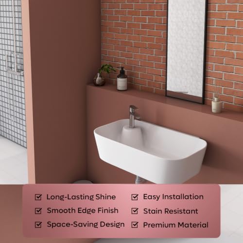 Image of Wash Basin Wall Hung Mounted cum Table Top Glossy Finish White Sink for Bathroom 18 x 10 x 4.5 Inch