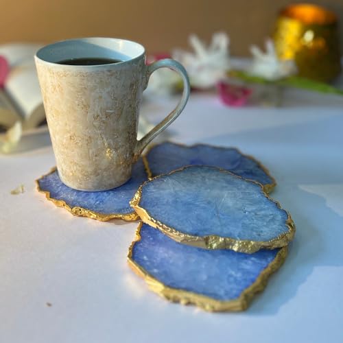 Image of Natural Agate Stone Tea Coasters Set | Premium Stone Coasters for Tea, Coffee & Glass | Heat Resistant Coasters for Dining Table, Office Desk & Home Decor | Pack of 4 | Color -Blue