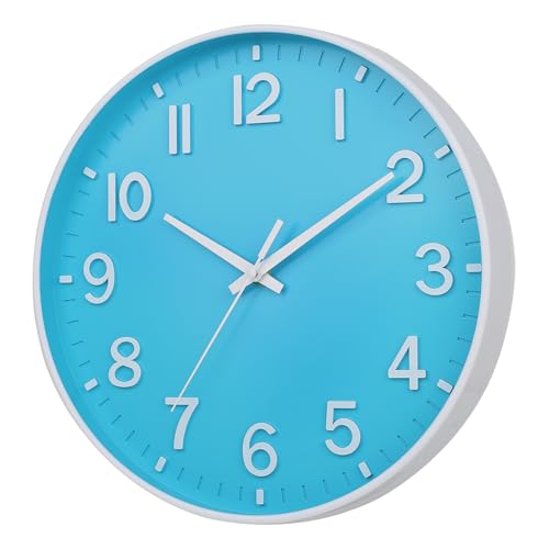 Image of HZDHCLH Wall Clock 3D Numbers Wall ClockBattery-Powered 12-inch Silent Non-Tick Modern Wall Clock for Living Room, Bedroom, Kitchen, and Office Decoration (Blue and White)