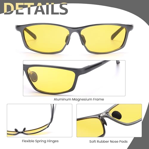 Myiaur Nachtfahrbrille für Herren Metallfassung Polarisierte Gelbe Linse Nachtsichtbrille Ideal für Regen, Nebel und Nachtfahrten